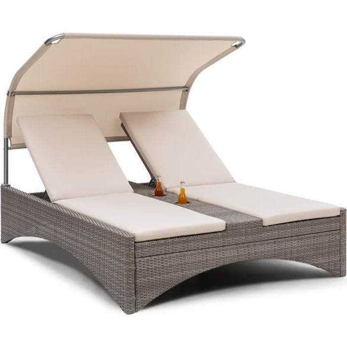 chaise longue - blumfeldt eremitage - bain de soleil de luxe - 2 places - transat - avec auvent - aluminium & rotin - taupe