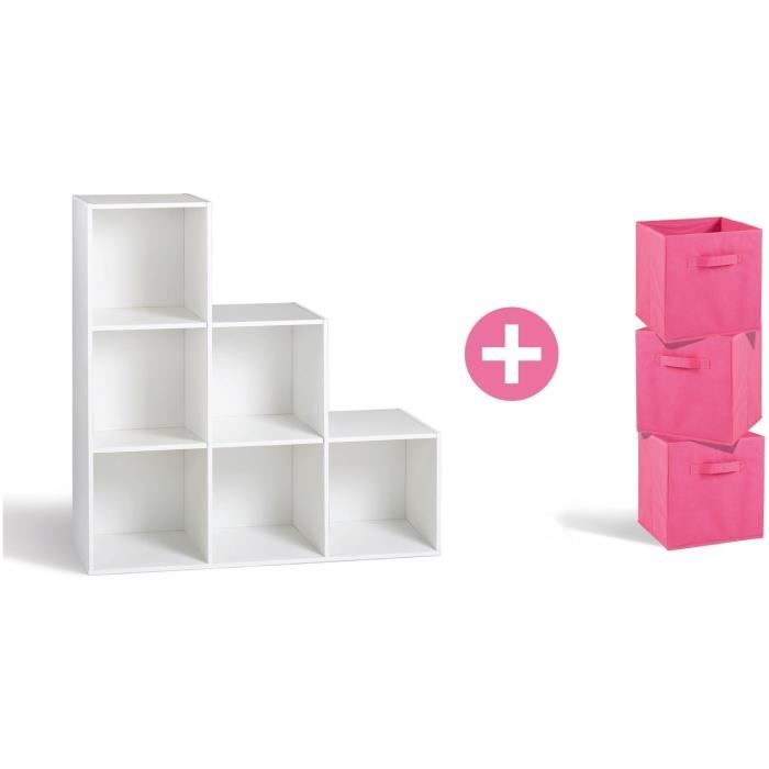 Biblioth/èque cubes 4 compartiments, gris rangement ch/êne clair