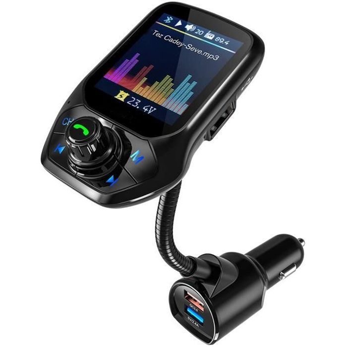 Transmetteur FM Bluetooth, 3 USB Voiture Adaptateur et QC3.0 Charge Rapide, 1.8” Ecran Couleur Mains Libre & Réglage De FM Fréquence
