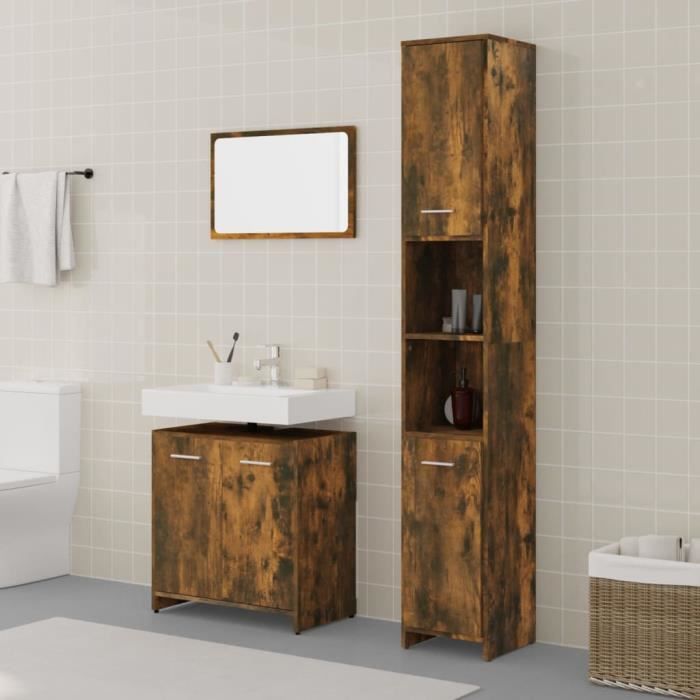 Ensemble de meubles de salle de bain - FYDUN - Chêne fumé - 3 pièces - Miroir 60x37 cm - Design contemporain