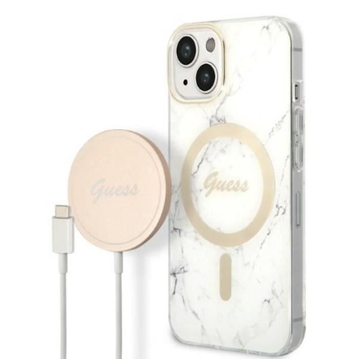 Guess Bundle Pack MagSafe IML Marble - Set coque pour iPhone 14 Plus + chargeur MagSafe (Blanc/Or) - 3666339103194