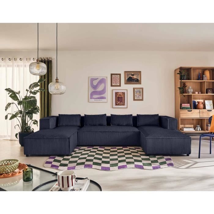 Canapé d'angle 7 places Bleu Velours Design Panoramique