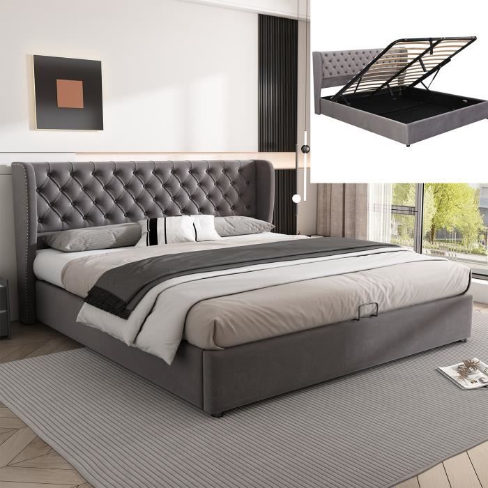 Lit capitonné contemporain MODERNLUXE - Gris - 180 x 200 cm - Coffre de rangement et sommier à lattes