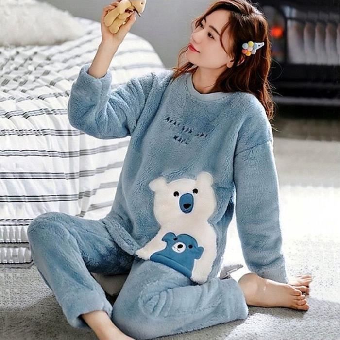 Pyjamas flanelle femmes Ensemble de en laine a manches FR77 L