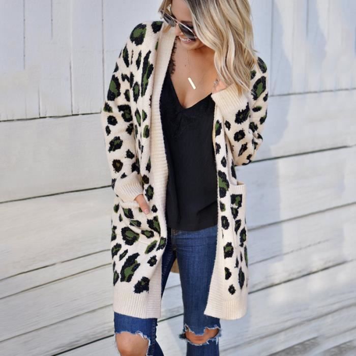 Pull Femme Motif Léopard – Manches Longues, Col Rond – Tricot Doux – Taille M – Idéal Pour Superpositions