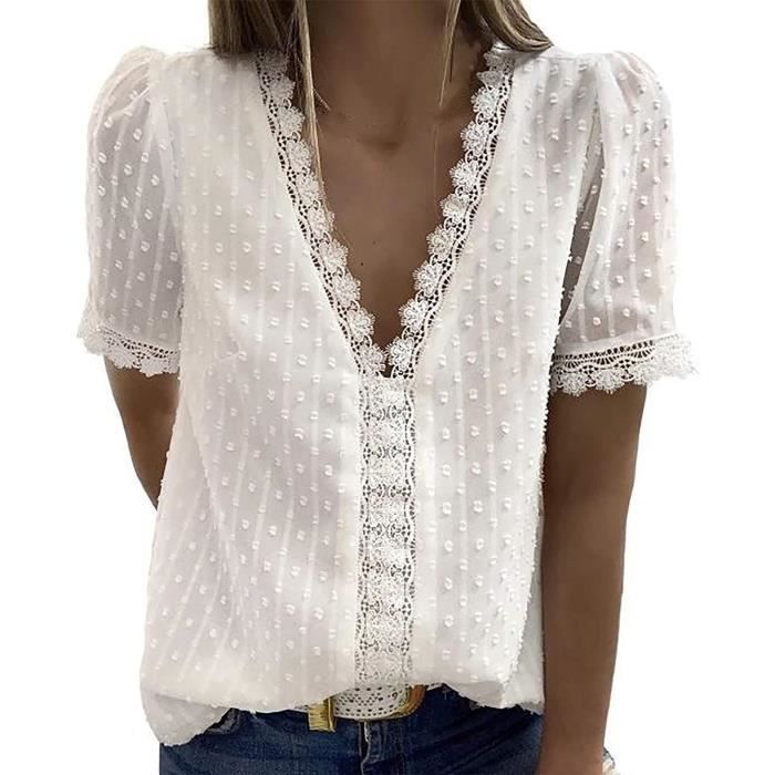 Tee Shirt Dentelle Col en V Femme, Vêtement Pas Cher, Haut Top Tunique Femme  Chic, T-shirt Oversize Haut Élégant Casual Femme Eté Blanc - Cdiscount  Prêt-à-Porter