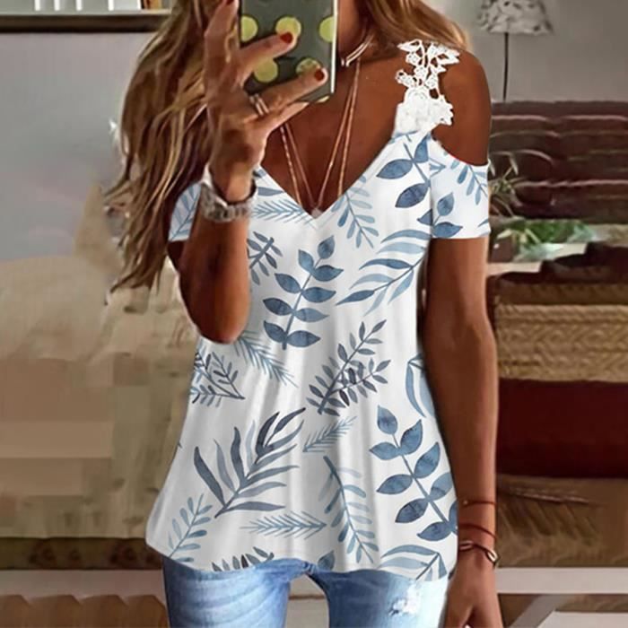 Acheter Chemisier Chic en Dentelle Blanche Ajourée Broderie Fleurs au Crochet Col V Décontracté Couleur Unie Manches Demi-Bouffantes Haut Élégant Femme
