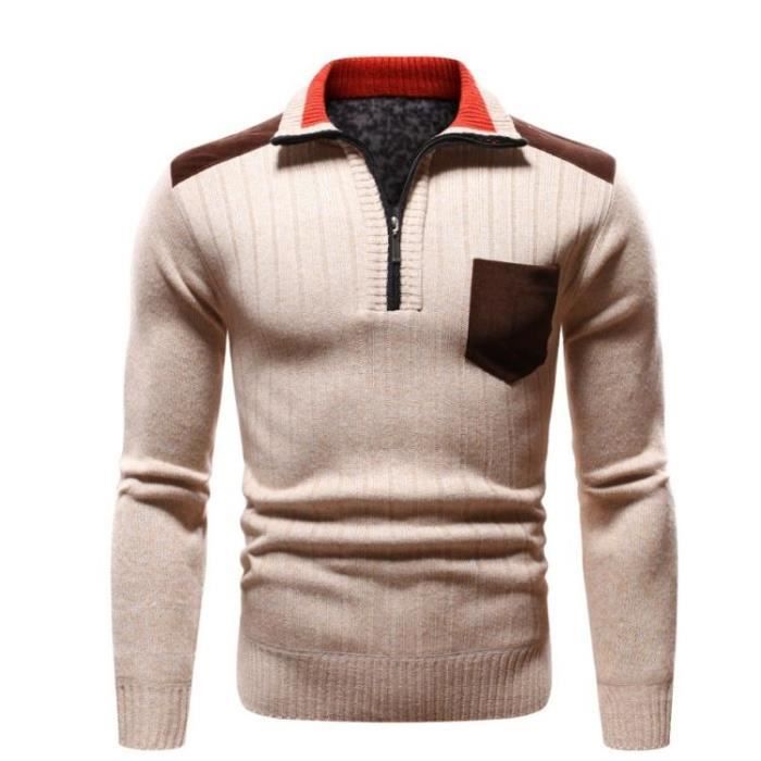 Pull Homme en Tricot Col à Fermeture Éclair Chaud Polaire Automne Hiver Sweat Manches Longues
