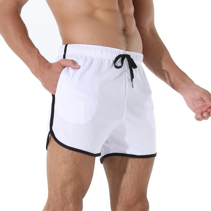 Short de Sport Court pour Homme Séchage Rapide Short Court Short de Sport  Respirant pour Homme avec Poches Ete Shorts Homme Blanc