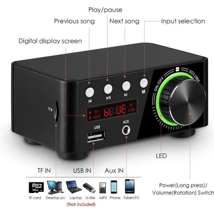 Bluetooth 5.0 Stéréo Audio Récepteur Amplificateur, Mini Hi-FI Ampli Intégré - Noir