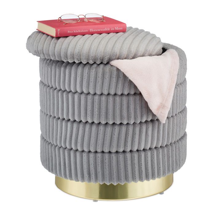 Relaxdays Pouf coiffeuse avec espace de rangement rond élégant tabouret velours côtelé HxD: 43 5x41 cm gris/doré