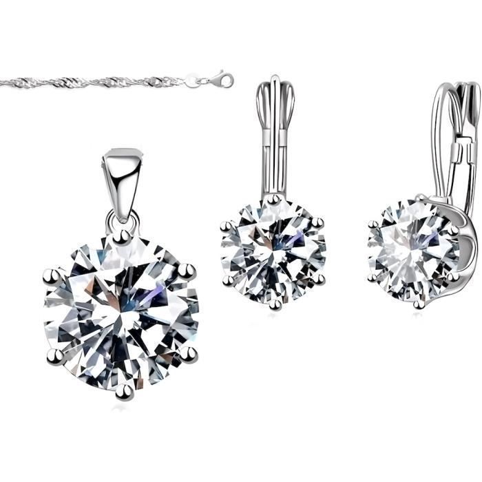 Parure Bijoux Solitaire Cristal Swarovski Elements Blanc Femme Argent Fin Rhodié