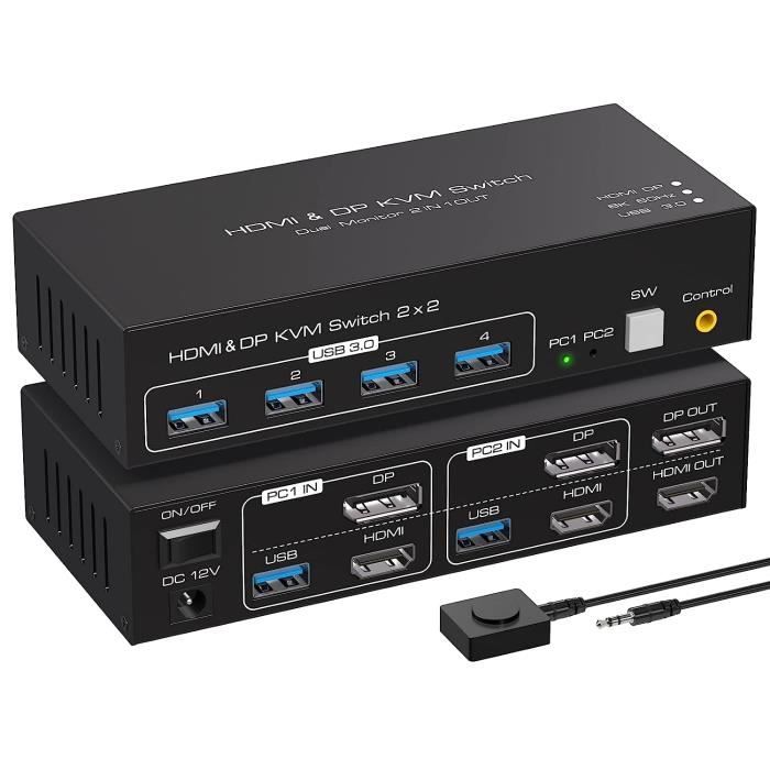 KVM HDMI Switch Dual Monitor 2 Port, 4K @ 60 Hz à affichage étendu