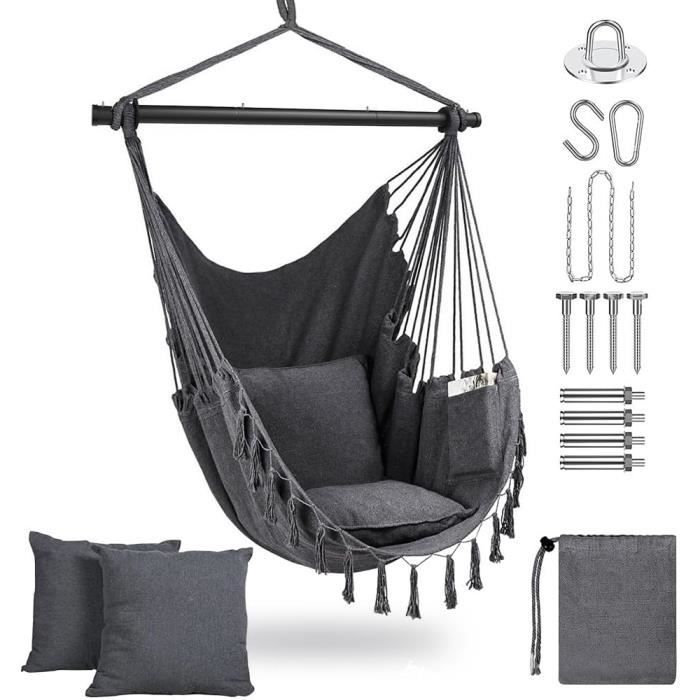 EXTRALINK Chaise Hamac Suspendue XXL Sans Support – Fauteuil Bohème Avec 2 Coussins Moelleux, Résistant Intempéries, 150 Kg Max – Noir Élégant Pour Jardin, Balcon, Intérieur