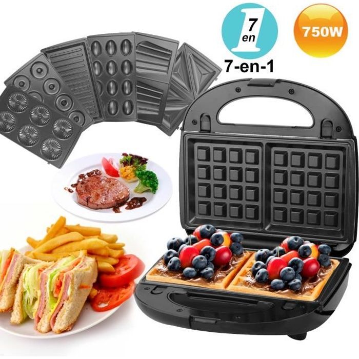 VINTEKY Appareil &agrave; Croque Monsieur Gaufrier &eacute;lectrique Multifonction 7 en 1 Grill Beignets Madeleine G&acirc;teau aux noix - 750W &reg; 