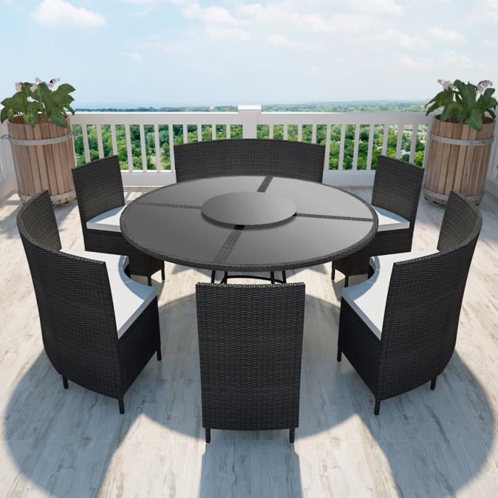Salon De Jardin Noir En Polyrotin Table Ronde Et Chaises 12 Pers