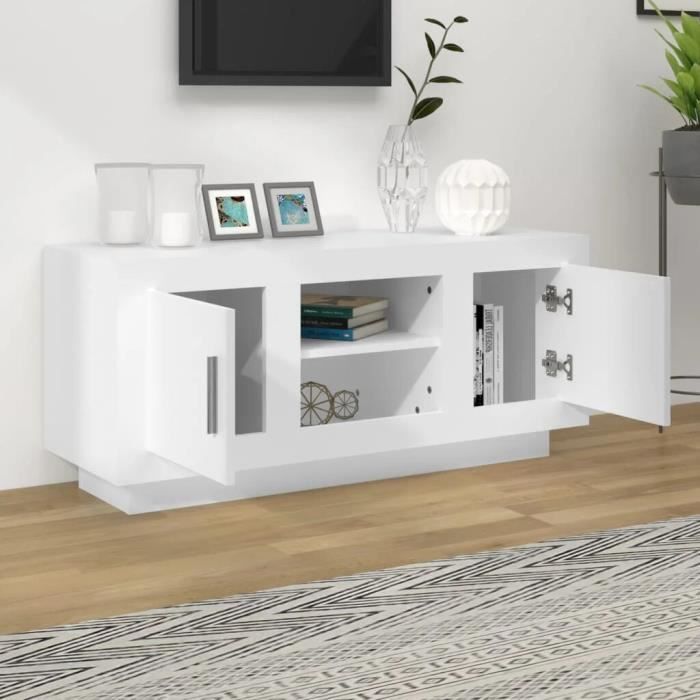 Meuble TV Blanc De Salon 102x35x45 cm Buffet de Téléviseur Support Bas Télé Armoire Moderne Minimaliste Petit Appartement