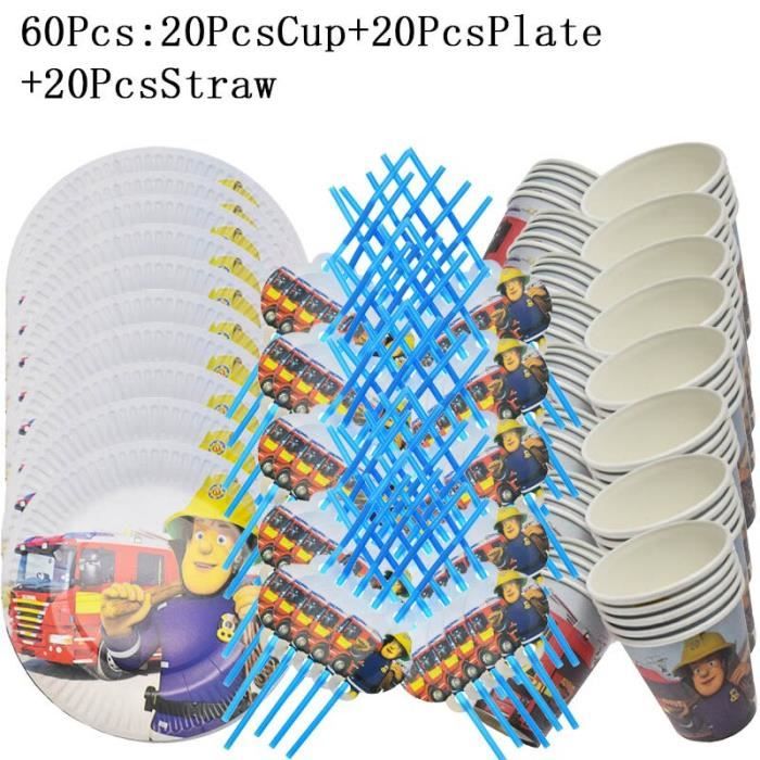 60pcs E Set Pack De Fete Personnalise Theme D Anniversaire Pompier Sam Banderole Tasse En Papier Ensemble D Assiettes Jouets Cdiscount Maison