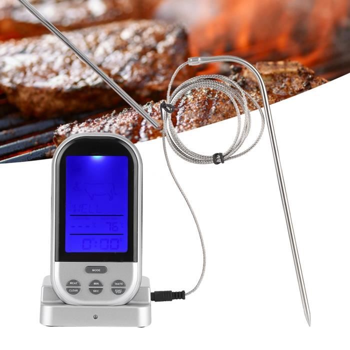 Thermomètre à Viande Numérique Avec Sonde 1m - Jusqu'à 250°C, Horloge Cuisine, Support Magnétique, Idéal Grill, Four Et Barbecue