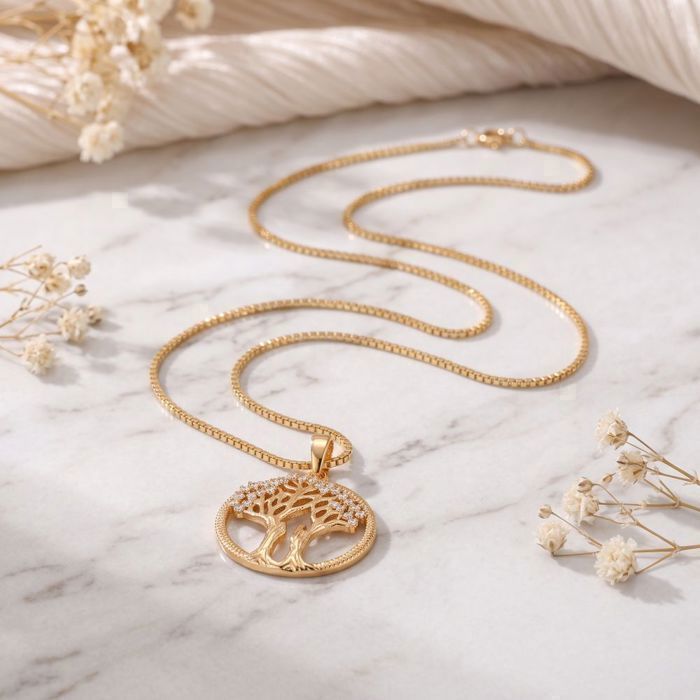 Collier Arbre De Vie Plaqué Or Jaune Avec Cristal – Chaîne 46-50 Cm, Bijou élégant Femme