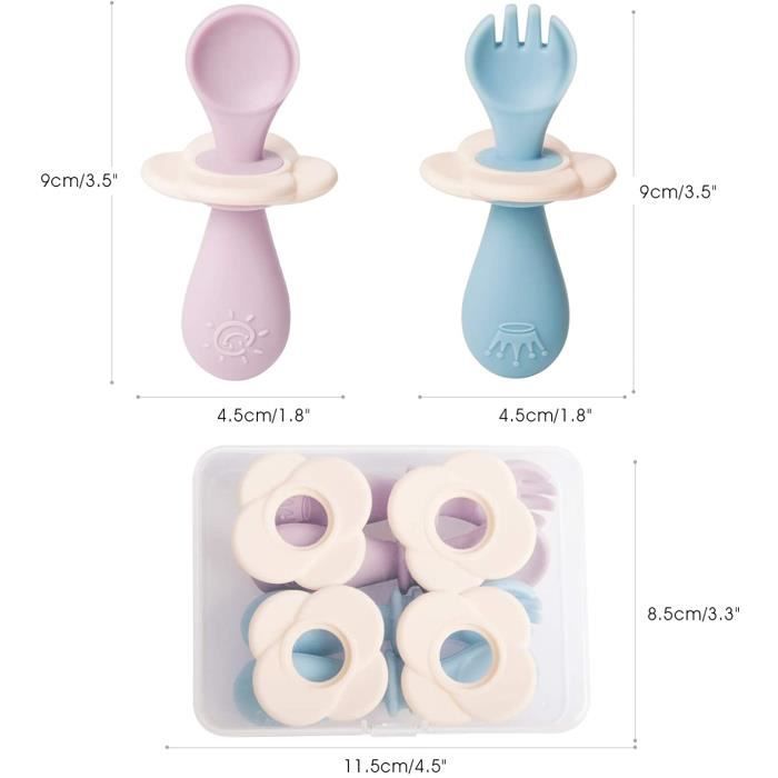 Lot De 4 Couverts Bébé Bambou Et Silicone – Cuillères Et Fourchettes Ergonomiques Pour L’apprentissage