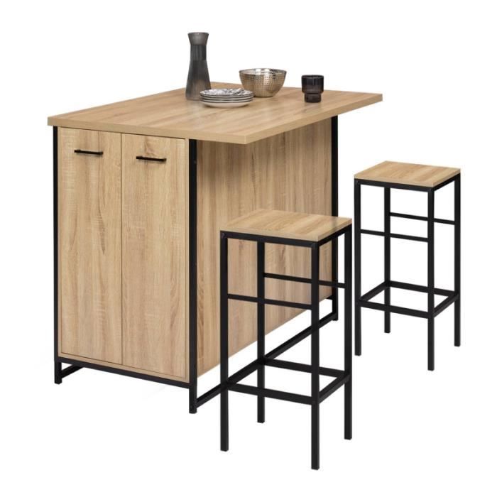 Îlot Central 110cm + 4 Tabourets - Style Industriel Bois Noir Et Hêtre - Rangement Cuisine