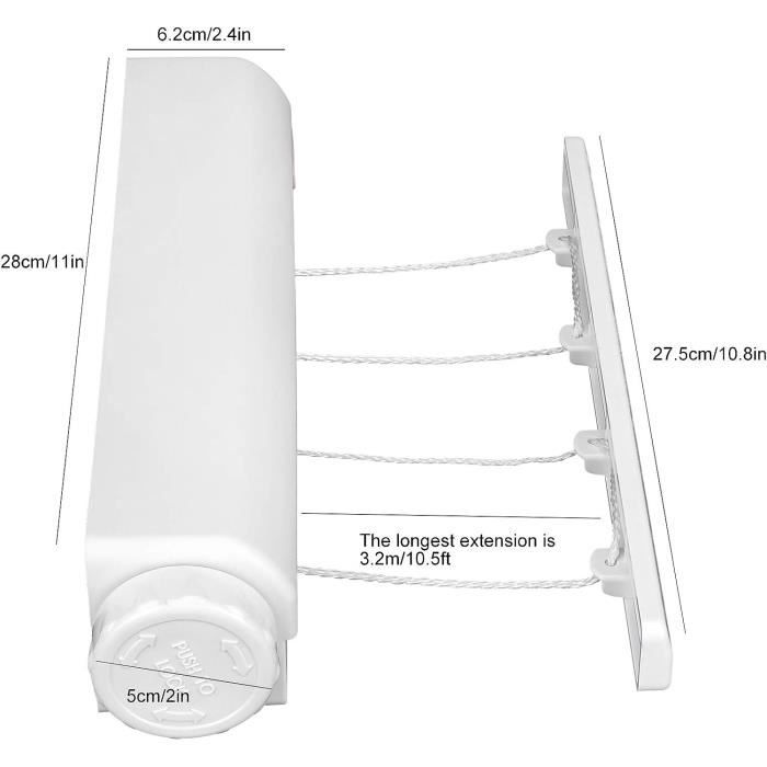 Etendoir Mural Extensible, sechoir Linge Mural avec 4 Fils de 3,2 mètres, etendoir a Linge pour intérieur et extérieur