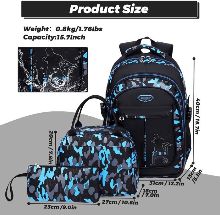 Sac à Dos Scolaire ASGE 30x22x46cm - Motif Camouflage Lumineux - Cartable Ado Primaire Collège - Léger Et Résistant