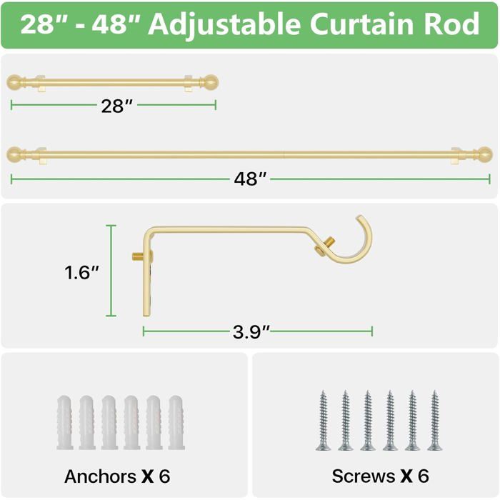 Lot De 2 Tringles à Rideaux Extensibles 40-60cm | Fixation Vis, Adhésif Ou Serrage - Finition Laiton Brillant