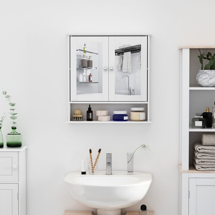Kleankin Armoire Murale Miroir Salle De Bain – Meuble De Rangement Blanc Avec Portes Miroir, Étagère Réglable, 54 X 15,2 X 55,3 Cm