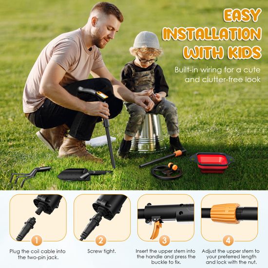Détecteur De Métaux Pour Enfants - Hauteur Réglable 66-83 Cm, étanche IP68 - Écran LCD Avec Animations, Détection Jusqu'à 10 Cm - Inclut Pelle Et Râteau