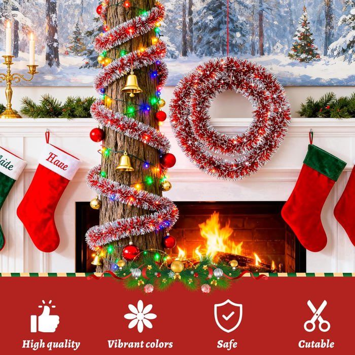 Guirlande De Noël Lumineuse 5 Mètres - Avec LED, Effet Tinsel Rouge, Pour Sapin, Porte, Fenêtre, Escalier (décorations Incluses)