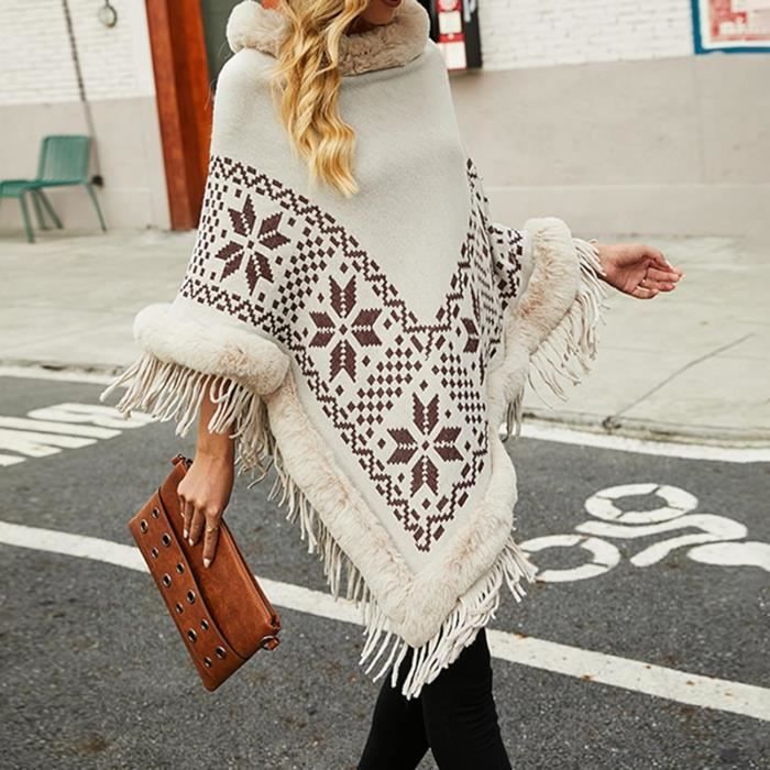 Poncho Cape Femme Hiver Chaud Echarpe Chale Foulard Elegant En Tricot Gilet Cardigan Chic Manteau Epais Avec Pompons u17577 Beige Fourrure Cdiscount Pret a Porter