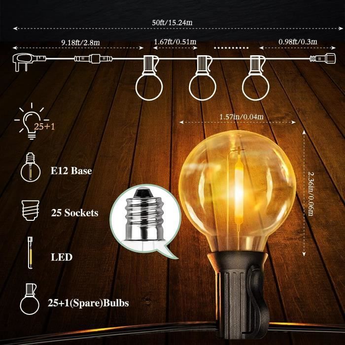 Guirlande Lumineuse Extérieure 15M LED Guinguette 25+1 Ampoules