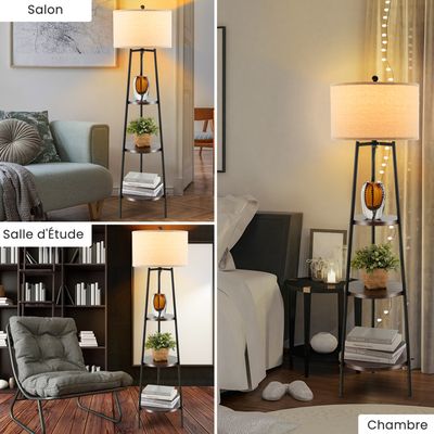 Lampadaire Avec étagères 153 Cm Noir - Abat-jour Lin, Douille E27, Pour Salon, Chambre, Bureau