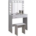 JOOLIHOMELIVING Coiffeuse Pour Femme avec Miroir Éclairé, Tabouret Rembourré et 2 Tiroirs, Table de Maquillage Gris Clair, Meubles de Chambre à