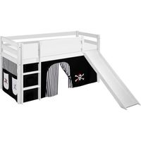 Lit surélevé ludique JELLE 90 x 190 cm Pirate noir blanc-S - avec rideaux et toboggan - LILOKIDS - blanc laqué