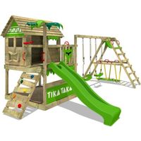 FATMOOSE Aire de jeux Portique bois TikaTaka avec balançoire SurfSwing et toboggan vert pomme Cabane enfant extérieure