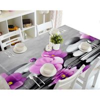 Nappe de table Zen pierres gris fleurs violets et reflets d'eau au fond de gris 3D effect imperméable et antipoussière 140 x 200cm