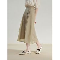 ZIQIAO-Jupe mi-mollet taille haute en gaze transparente pour femme,jupe trapèze longue,dos élastique,tempérament - Kaki[E71763]