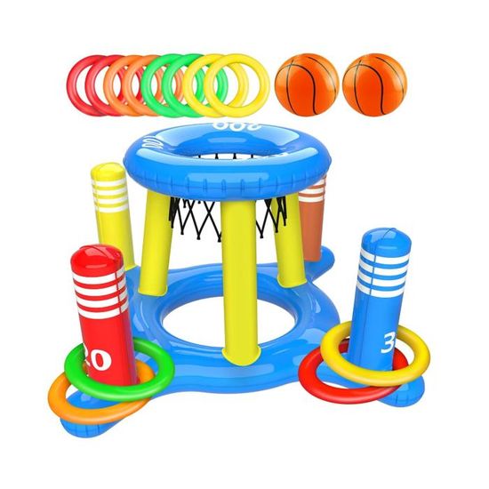 Jeu Piscine Gonflable 2 En 1 – Panier De Basket Flottant Et Lancer D’Anneaux – Éclaboussures Garanties Pour Enfants Et Adultes – Avec Ballons, Anneaux Et Pompe