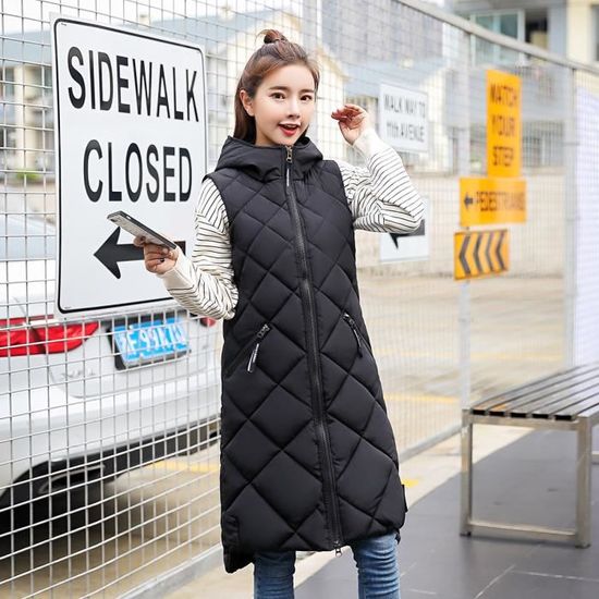 Manteau Femme Coupe milongue a capuche cent avec sans manche Noir GOGUQ