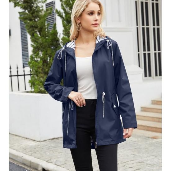 Femme Impermeable Capuche Manches Longues Veste Impermeable Femme Zippe Coupe Vent Leger avec Poches pour Camping Randonnee bleu marine Cdiscount Pret a Porter