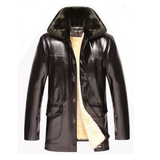 Manteau homme Luxe Col de fourrure detachable Epais chaud Cuir de pu Vetement Masculin Marron Marron blanc Cdiscount Pret a Porter