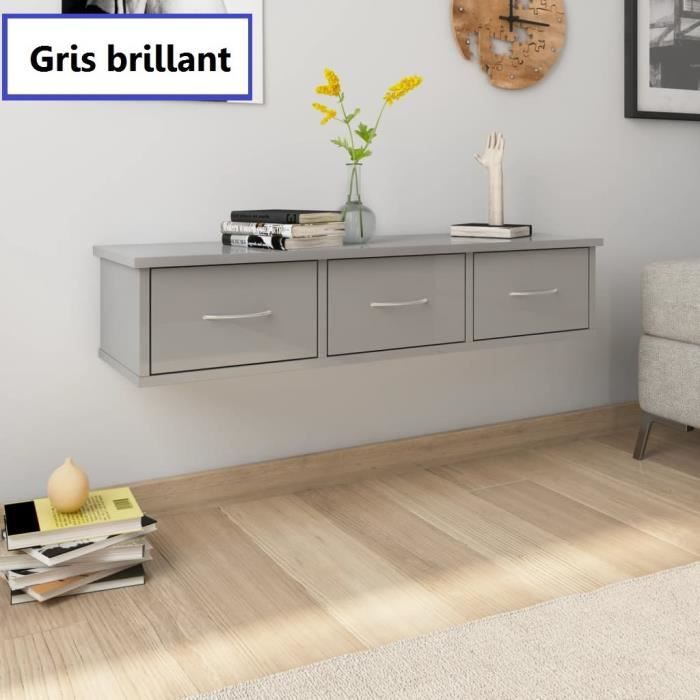 Meuble suspendu salon mural séjour chambre cuisine avec tiroirs aggloméré GRIS BRILLANT Laqué 88x26x18.5cm