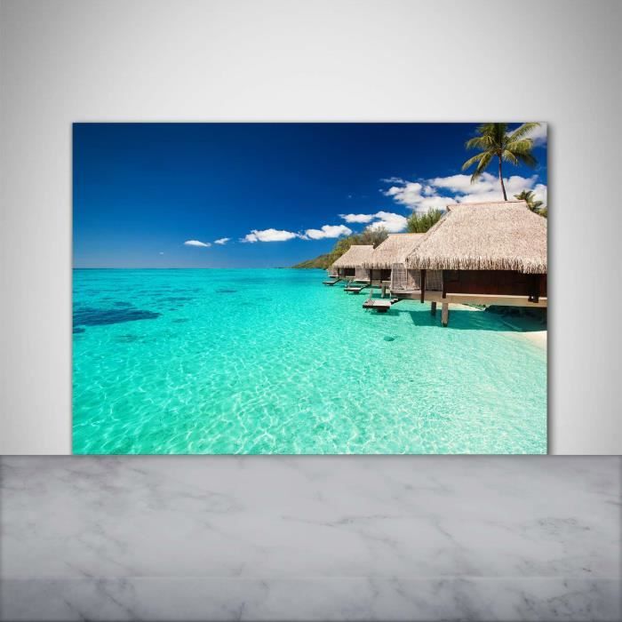 Tulup 100x70cm Crédence de cuisine sur verre sécurité:- Paysage - Bungalows Au Dessus De L'eau - Bleu Gris