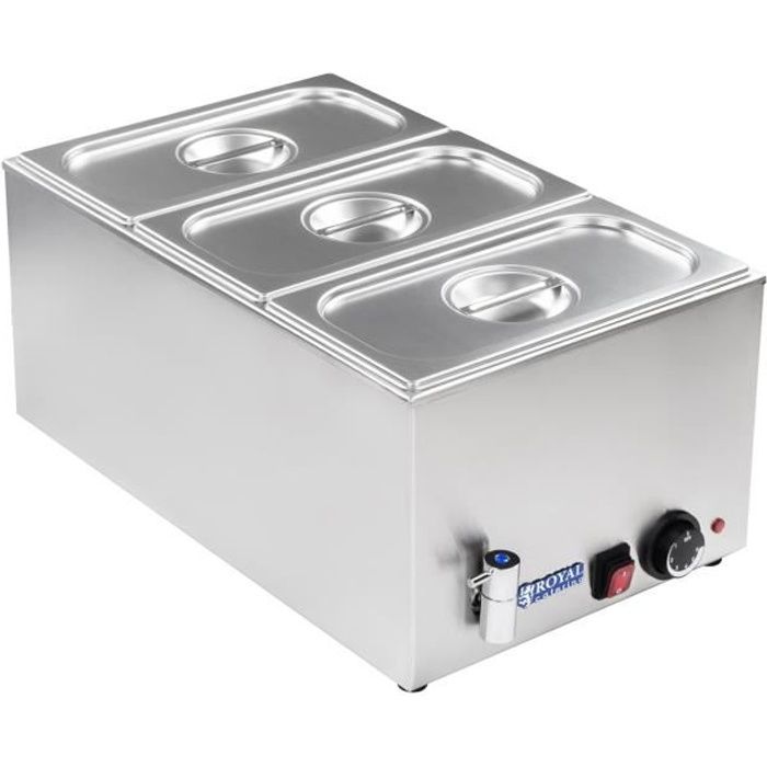 Bain-marie réchaud électrique Cuiseur Robinet de vidange 3 Récipients 1/3 GN avec couvercle 1.200W Royal Catering RCBM-1/3-150A-GN