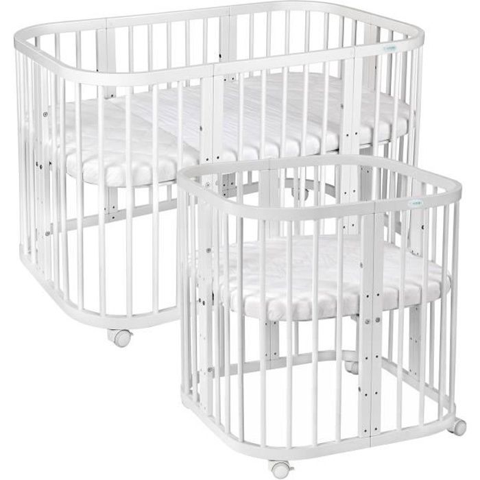 Lit bébé mobile Waldin® en bois 7en1, matelas, lit qui grandit avec l'enfant [blanc, Sans accessoires]