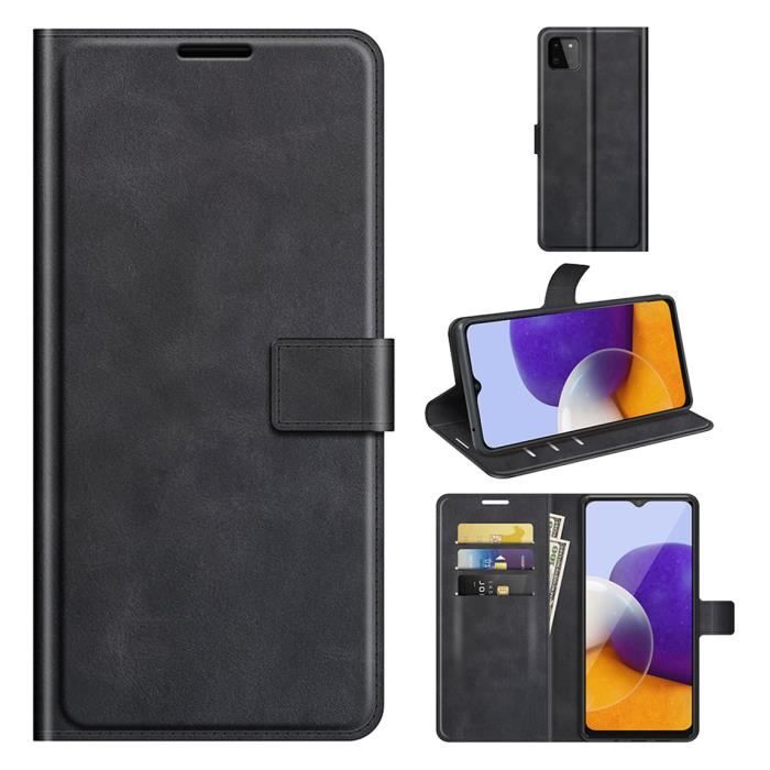 Étui Coque Samsung Galaxy A22 5G Manchon de protection de haute qualité Avec fente pour carte et poche à monnaie - Noir