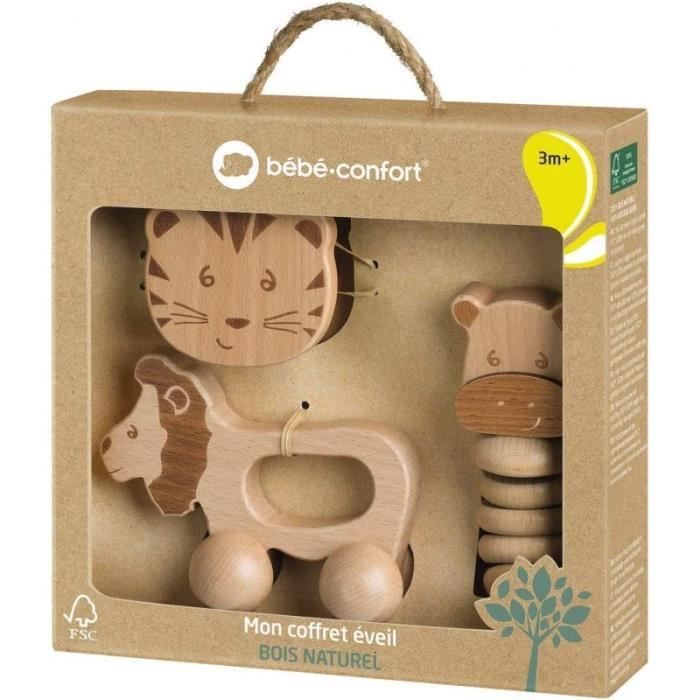 BEBE CONFORT Coffret Cadeau D'eveil Jouet En Bois :Jouet A Rouler Lion + Hochet Grelot Tigre + Hochet Gling-Gling - Hippo